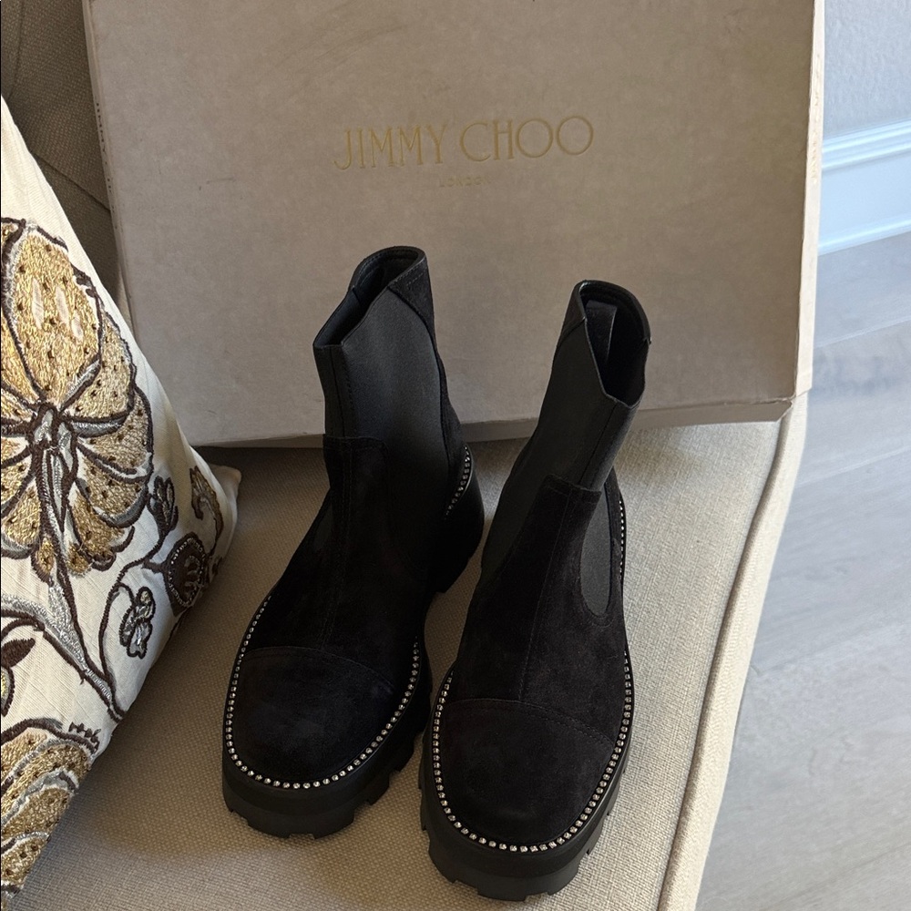 Jimmy Choo Black Suede Ankle Boots with Studded Detail